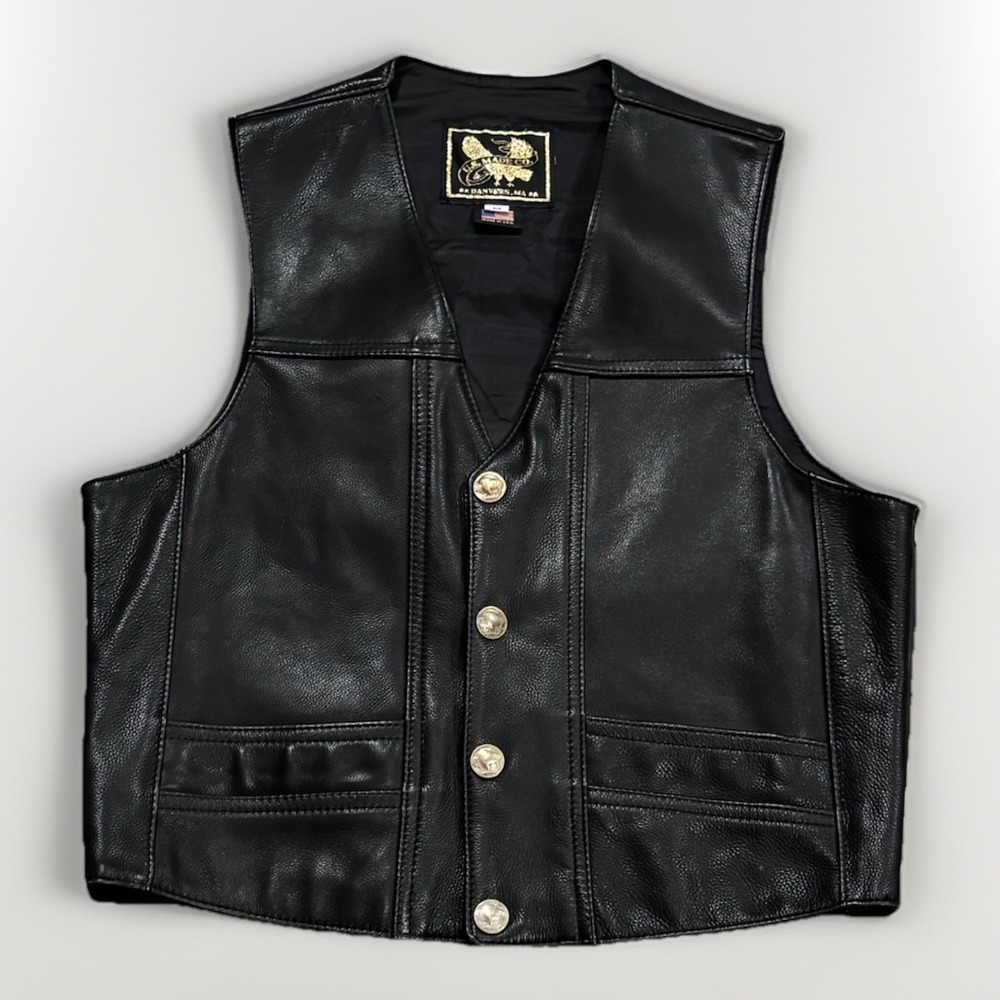 US Made Co Pebbled Calf Leather Motorcycle Vest M Buffalo Nickel Buttons IAFF